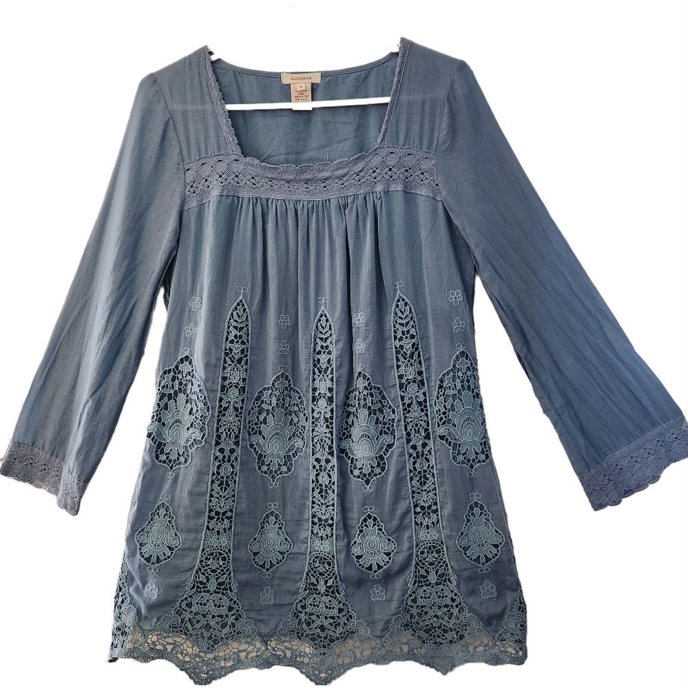 Sundance Embroidered Boho Tunic Blue Lace Bell Sleeve Silk Cotton Size S